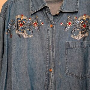 Ladies Blouses, chambray & White.  button-down embellished blouses.